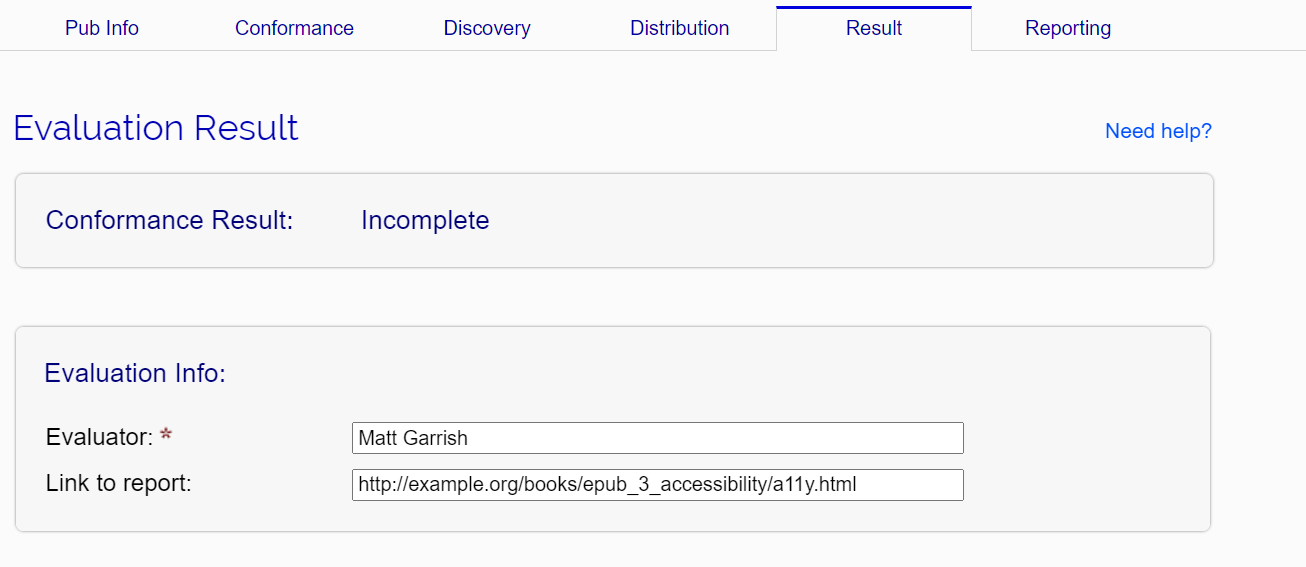 Evaluation Result tab